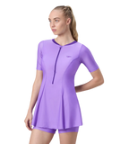 Women's Endurabrite Short Sleeve Closedback Swimdress With Boyleg - Purple Mist & Tillandsia Purple