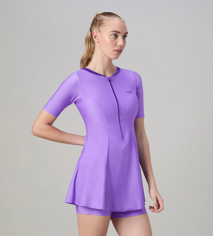 Women's Endurabrite Short Sleeve Closedback Swimdress With Boyleg - Purple Mist & Tillandsia Purple