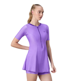 Women's Endurabrite Short Sleeve Closedback Swimdress With Boyleg - Purple Mist & Tillandsia Purple