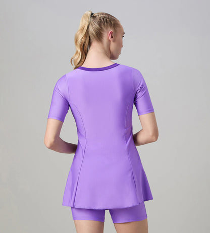 Women's Endurabrite Short Sleeve Closedback Swimdress With Boyleg - Purple Mist & Tillandsia Purple