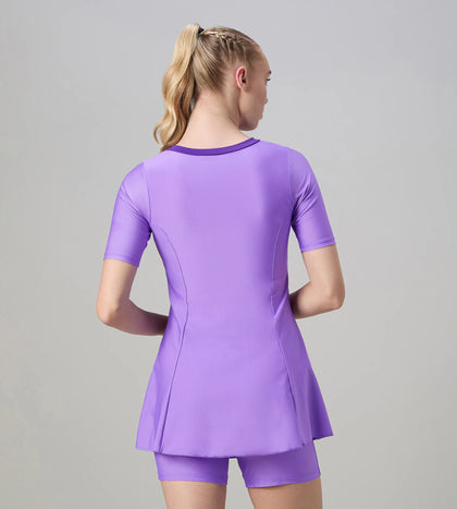 Women's Endurabrite Short Sleeve Closedback Swimdress With Boyleg - Purple Mist & Tillandsia Purple