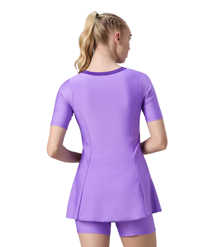 Women's Endurabrite Short Sleeve Closedback Swimdress With Boyleg - Purple Mist & Tillandsia Purple
