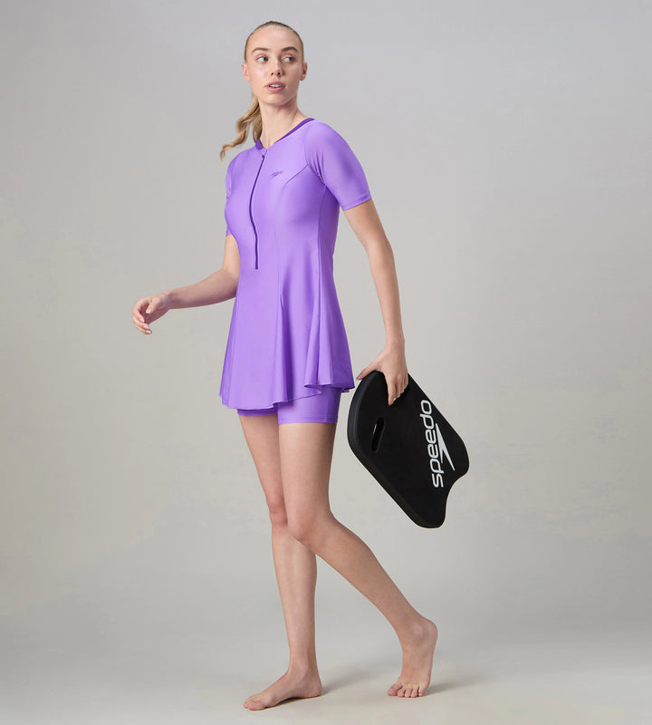 Women's Endurabrite Short Sleeve Closedback Swimdress With Boyleg - Purple Mist & Tillandsia Purple