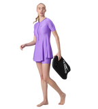 Women's Endurabrite Short Sleeve Closedback Swimdress With Boyleg - Purple Mist & Tillandsia Purple