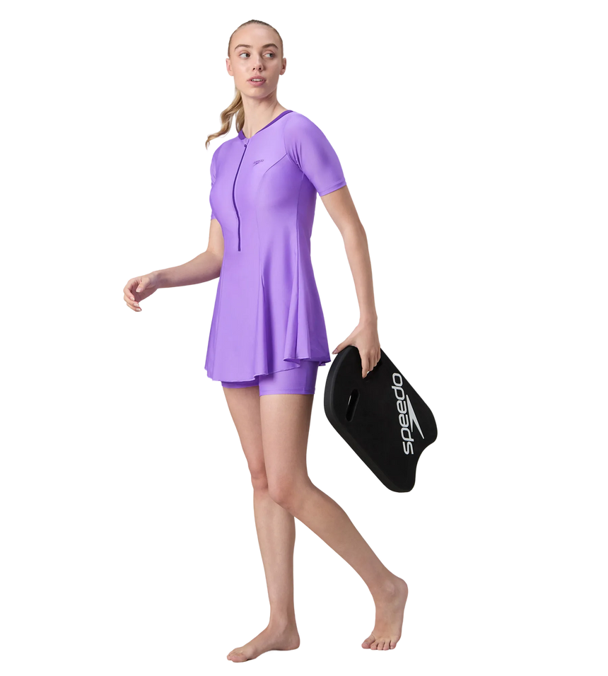 Women's Endurabrite Short Sleeve Closedback Swimdress With Boyleg - Purple Mist & Tillandsia Purple