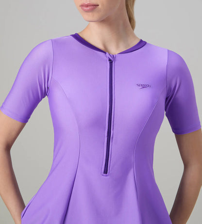 Women's Endurabrite Short Sleeve Closedback Swimdress With Boyleg - Purple Mist & Tillandsia Purple