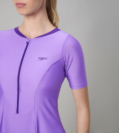 Women's Endurabrite Short Sleeve Closedback Swimdress With Boyleg - Purple Mist & Tillandsia Purple