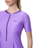 Women's Endurabrite Short Sleeve Closedback Swimdress With Boyleg - Purple Mist & Tillandsia Purple