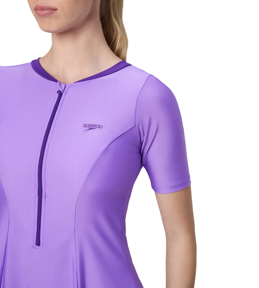 Women's Endurabrite Short Sleeve Closedback Swimdress With Boyleg - Purple Mist & Tillandsia Purple