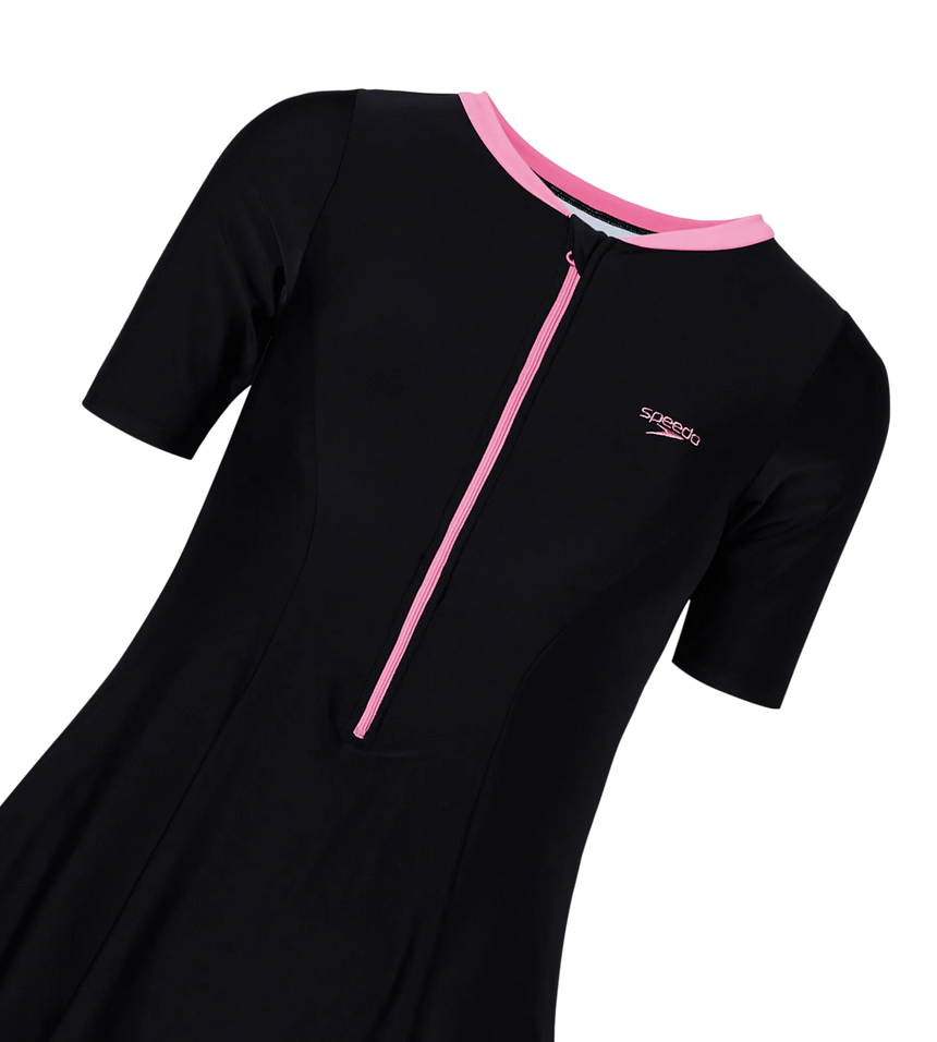 Women's Endurance10 Short Sleeve Closedback Swimdress With Boyleg - Black & Pink Lemonade