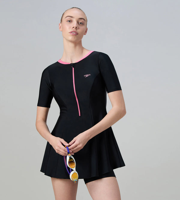 Women's Endurance10 Short Sleeve Closedback Swimdress With Boyleg - Black & Pink Lemonade