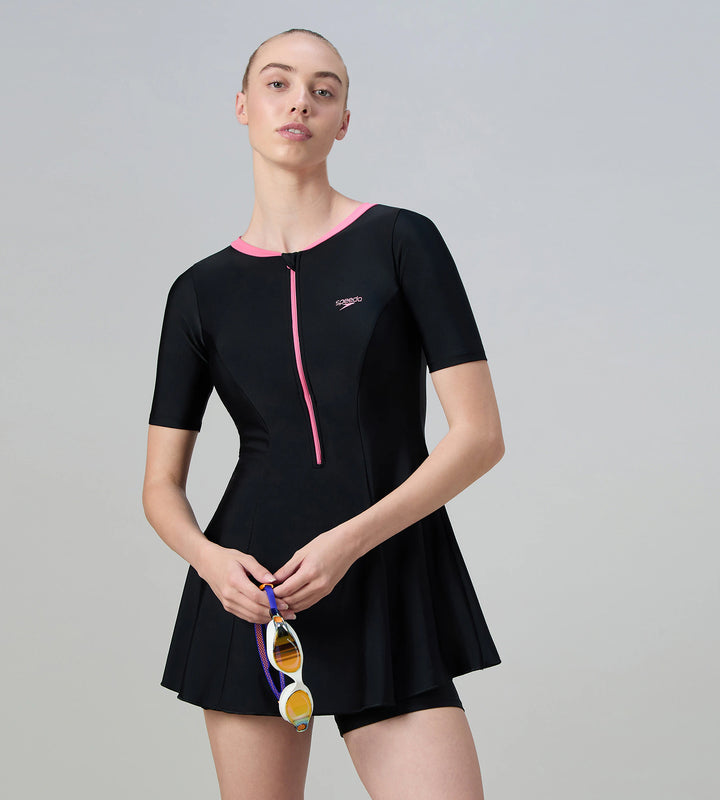 Women's Endurance10 Short Sleeve Closedback Swimdress With Boyleg - Black & Pink Lemonade