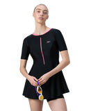 Women's Endurance10 Short Sleeve Closedback Swimdress With Boyleg - Black & Pink Lemonade
