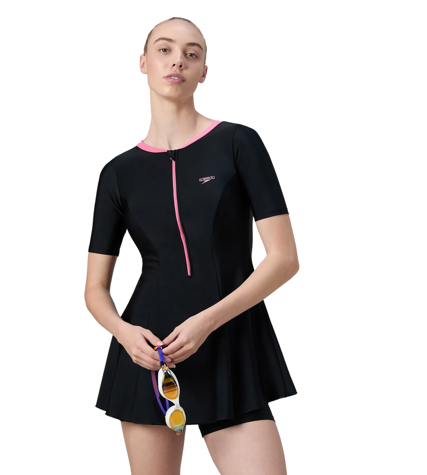 Women's Endurance10 Short Sleeve Closedback Swimdress With Boyleg - Black & Pink Lemonade
