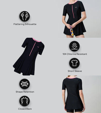 Women's Endurance10 Short Sleeve Closedback Swimdress With Boyleg - Black & Pink Lemonade