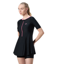 Women's Endurance10 Short Sleeve Closedback Swimdress With Boyleg - Black & Pink Lemonade
