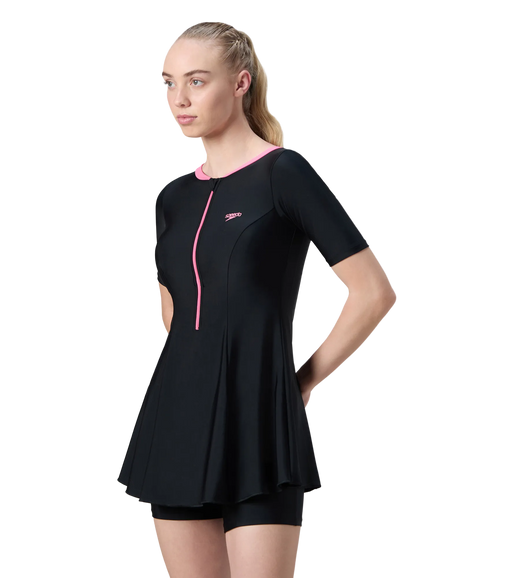Women's Endurance10 Short Sleeve Closedback Swimdress With Boyleg - Black & Pink Lemonade