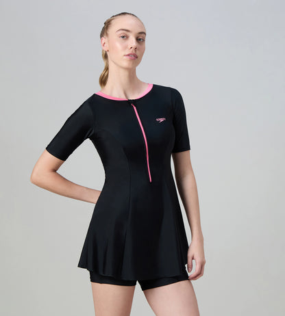 Women's Endurance10 Short Sleeve Closedback Swimdress With Boyleg - Black & Pink Lemonade