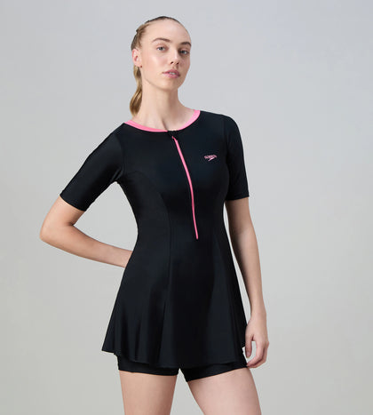 Women's Endurance10 Short Sleeve Closedback Swimdress With Boyleg - Black & Pink Lemonade