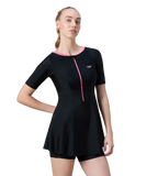 Women's Endurance10 Short Sleeve Closedback Swimdress With Boyleg - Black & Pink Lemonade
