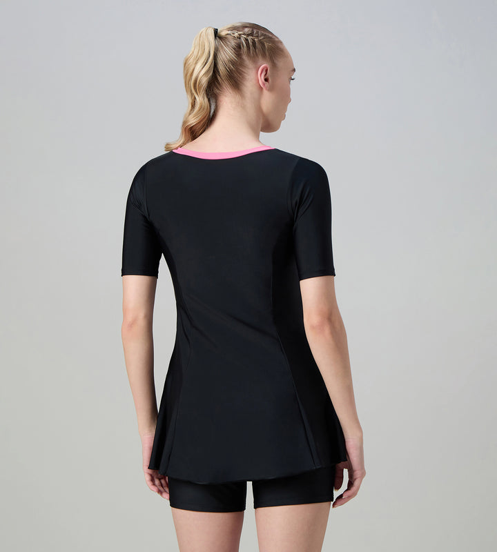 Women's Endurance10 Short Sleeve Closedback Swimdress With Boyleg - Black & Pink Lemonade