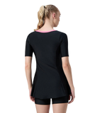 Women's Endurance10 Short Sleeve Closedback Swimdress With Boyleg - Black & Pink Lemonade