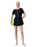 Women's Endurance10 Short Sleeve Closedback Swimdress With Boyleg - Black & Pink Lemonade