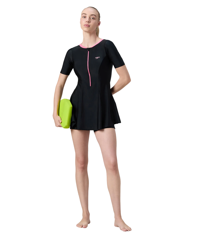 Women's Endurance10 Short Sleeve Closedback Swimdress With Boyleg - Black & Pink Lemonade