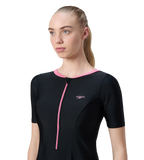 Women's Endurance10 Short Sleeve Closedback Swimdress With Boyleg - Black & Pink Lemonade
