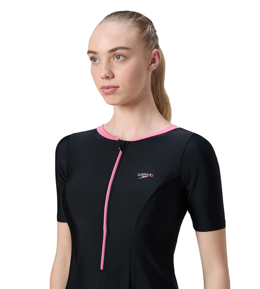 Women's Endurance10 Short Sleeve Closedback Swimdress With Boyleg - Black & Pink Lemonade