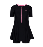 Women's Endurance10 Short Sleeve Closedback Swimdress With Boyleg - Black & Pink Lemonade