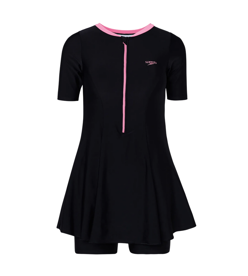 Women's Endurance10 Short Sleeve Closedback Swimdress With Boyleg - Black & Pink Lemonade