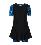 Women's Endurance10 Printed Short Sleeve Closedback Swimdress With Boyleg - Black & Periwinkle Blue