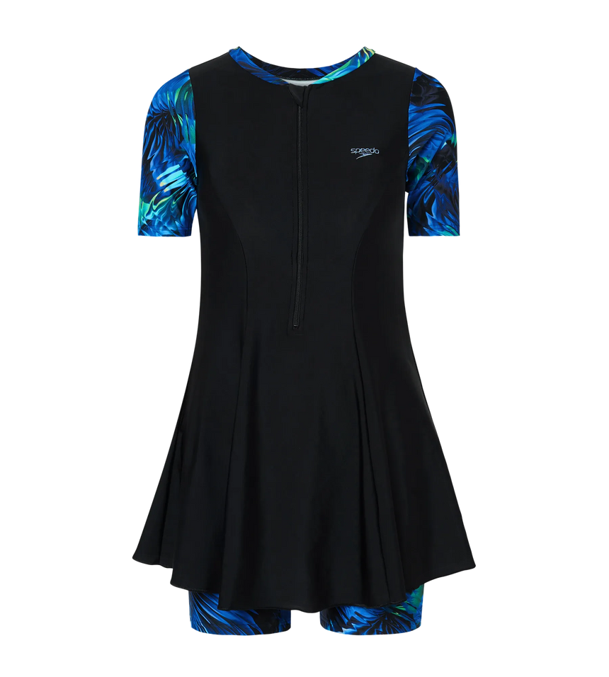 Women's Endurance10 Printed Short Sleeve Closedback Swimdress With Boyleg - Black & Periwinkle Blue