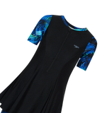 Women's Endurance10 Printed Short Sleeve Closedback Swimdress With Boyleg - Black & Periwinkle Blue