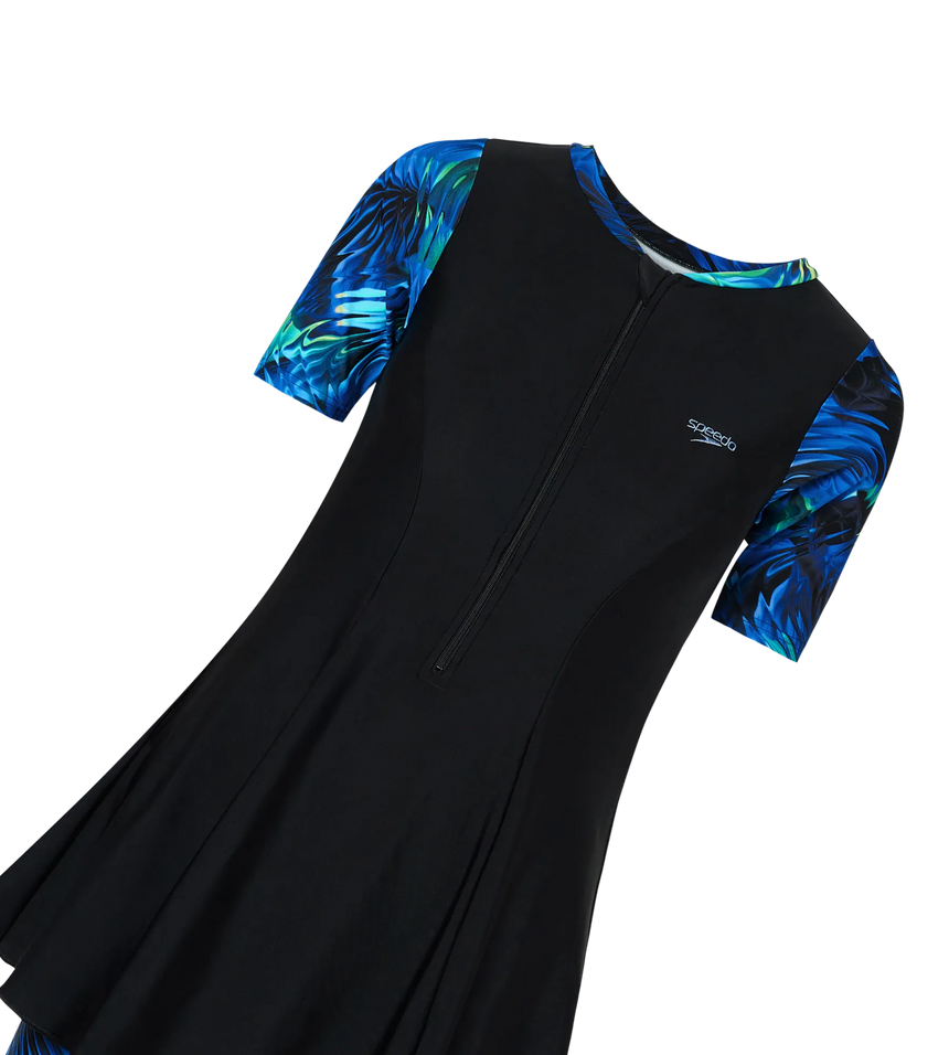 Women's Endurance10 Printed Short Sleeve Closedback Swimdress With Boyleg - Black & Periwinkle Blue