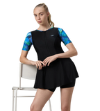 Women's Endurance10 Printed Short Sleeve Closedback Swimdress With Boyleg - Black & Periwinkle Blue
