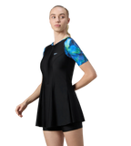 Women's Endurance10 Printed Short Sleeve Closedback Swimdress With Boyleg - Black & Periwinkle Blue