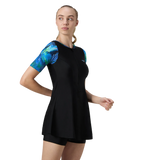 Women's Endurance10 Printed Short Sleeve Closedback Swimdress With Boyleg - Black & Periwinkle Blue