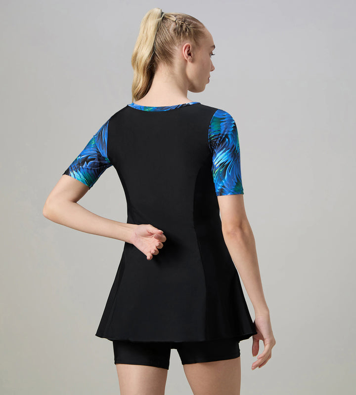 Women's Endurance10 Printed Short Sleeve Closedback Swimdress With Boyleg - Black & Periwinkle Blue