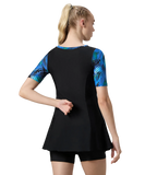 Women's Endurance10 Printed Short Sleeve Closedback Swimdress With Boyleg - Black & Periwinkle Blue
