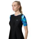 Women's Endurance10 Printed Short Sleeve Closedback Swimdress With Boyleg - Black & Periwinkle Blue