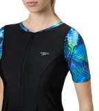 Women's Endurance10 Printed Short Sleeve Closedback Swimdress With Boyleg - Black & Periwinkle Blue
