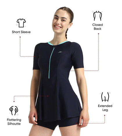 Women's Endurance10 Closedback Sleeved Swimdress With Boyleg - True Navy & Arctic Glass
