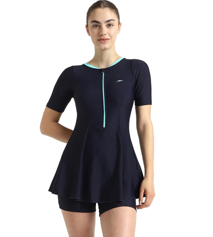 Women's Endurance10 Closedback Sleeved Swimdress With Boyleg - True Navy & Arctic Glass