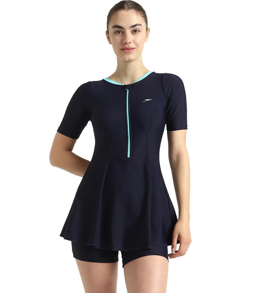 Women's Endurance10 Closedback Sleeved Swimdress With Boyleg - True Navy & Arctic Glass
