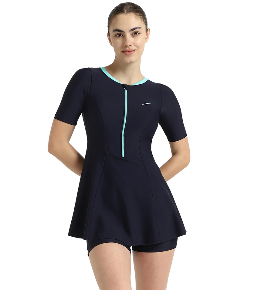 Women's Endurance10 Closedback Sleeved Swimdress With Boyleg - True Navy & Arctic Glass