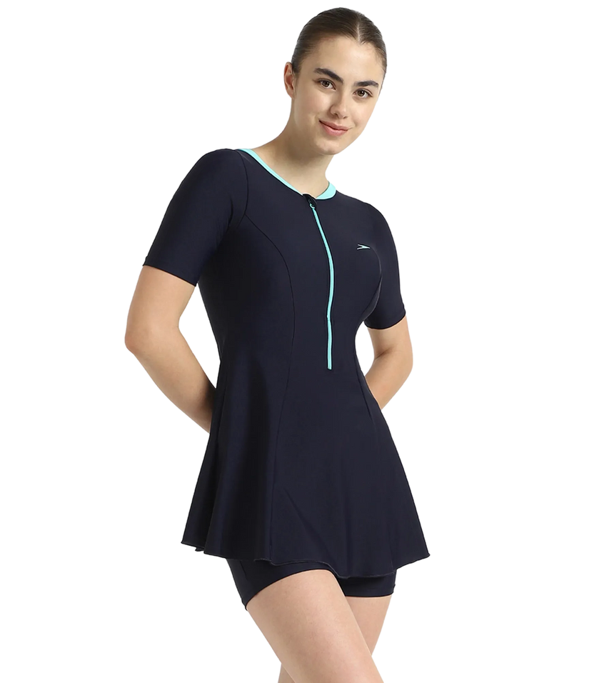 Women's Endurance10 Closedback Sleeved Swimdress With Boyleg - True Navy & Arctic Glass