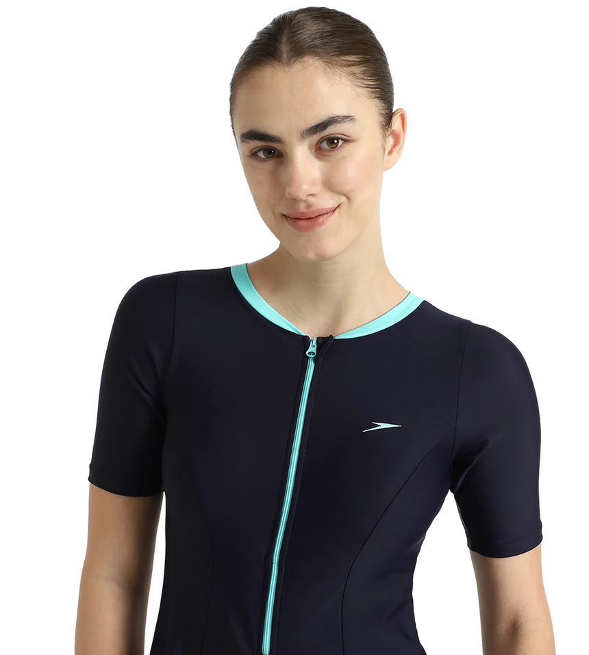 Women's Endurance10 Closedback Sleeved Swimdress With Boyleg - True Navy & Arctic Glass