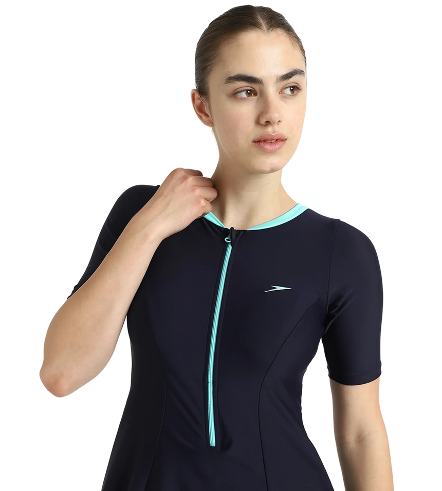 Women's Endurance10 Closedback Sleeved Swimdress With Boyleg - True Navy & Arctic Glass